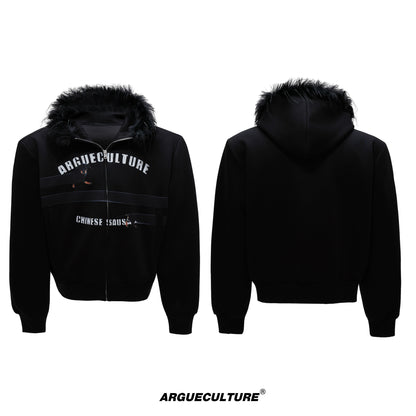 Fake Fur Collar Letter Print Zipper Hoodie WN21749