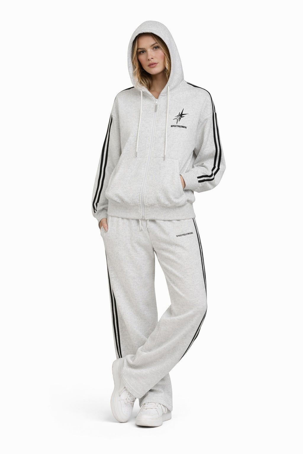 Stripe Zipper Hoodie & Wide Leg Drawstring Sweatpants Setup WN27993