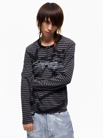 Striped Glitter Print Henley Long Sleeve T-Shirt WN27349