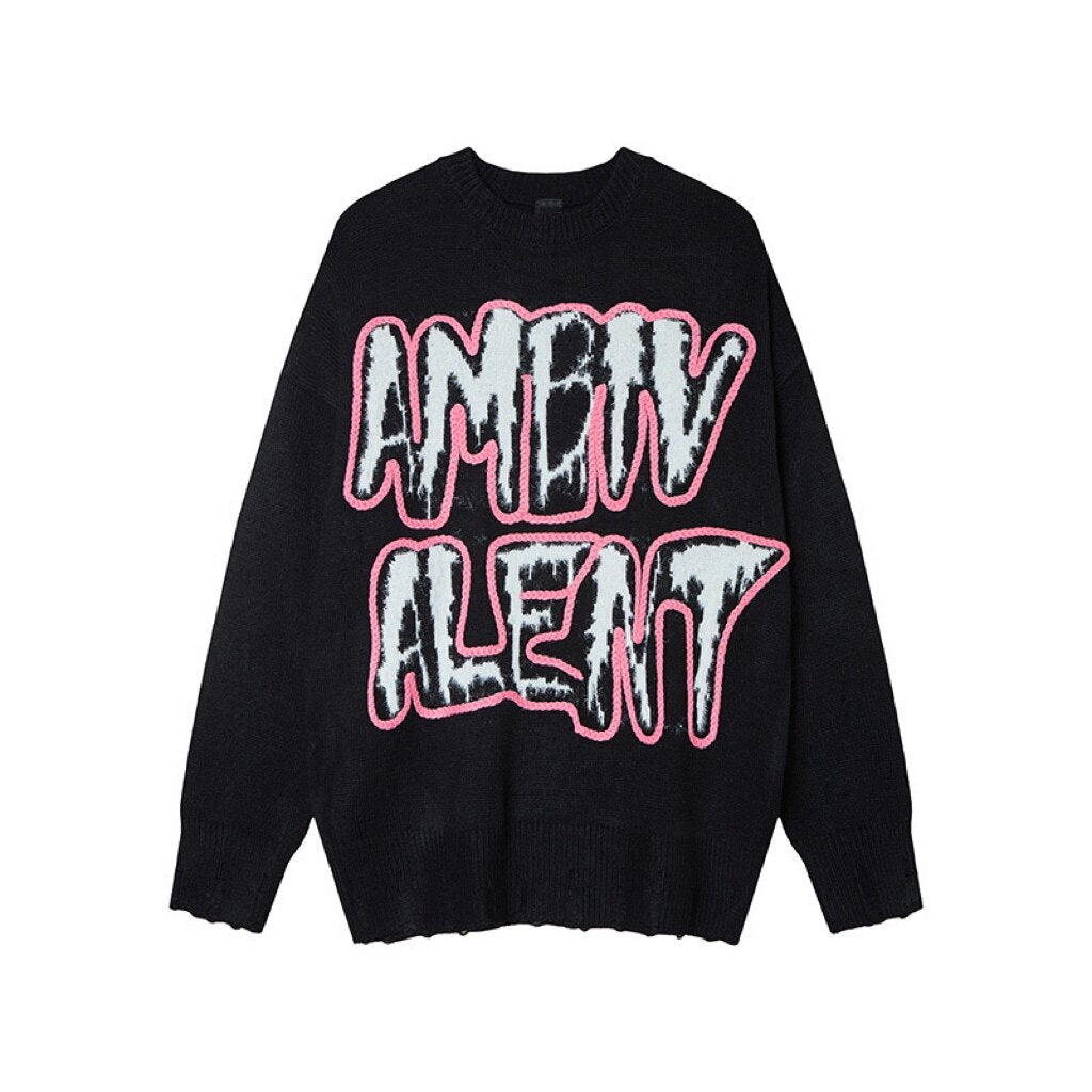 Oversize Damage Letter Graphic Print Knit Sweater WN24446