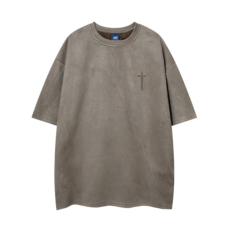 Cross Embroidery Suede Oversize Short Sleeve T-Shirt WN16554