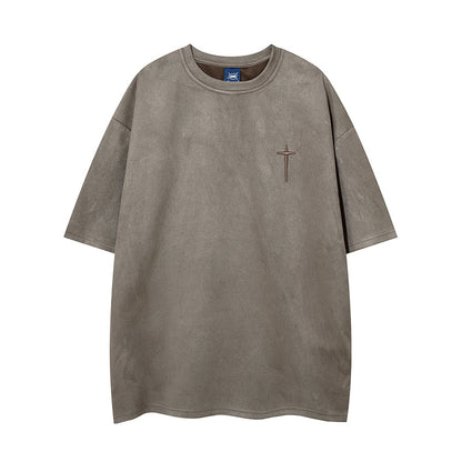 Cross Embroidery Suede Oversize Short Sleeve T-Shirt WN16554