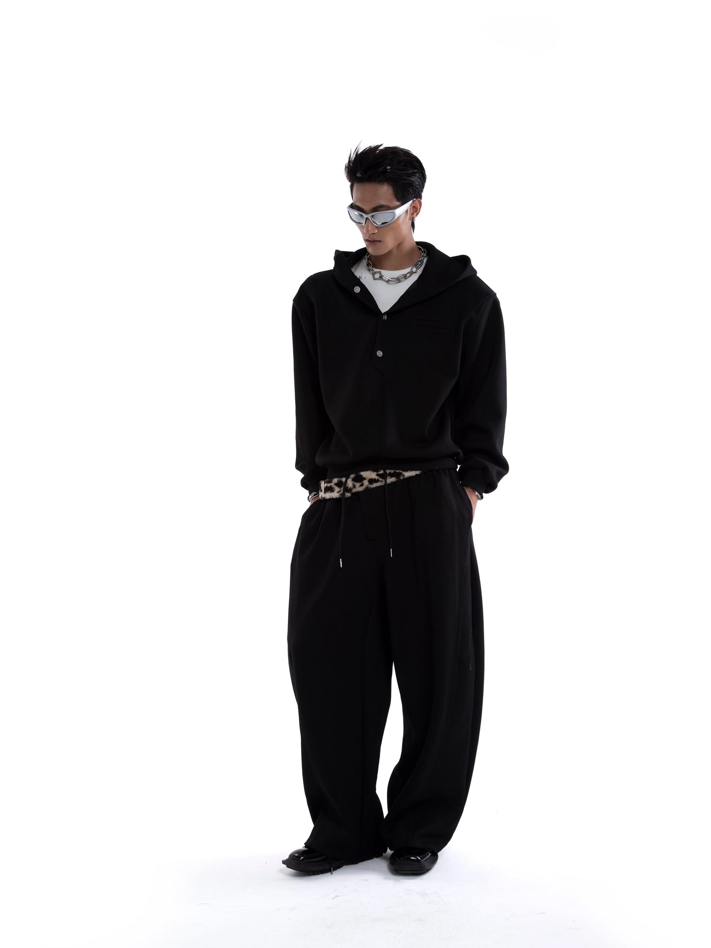 Multi-Button Zipper Hoodie & Wide Leg Sweatpants Setup WN20645