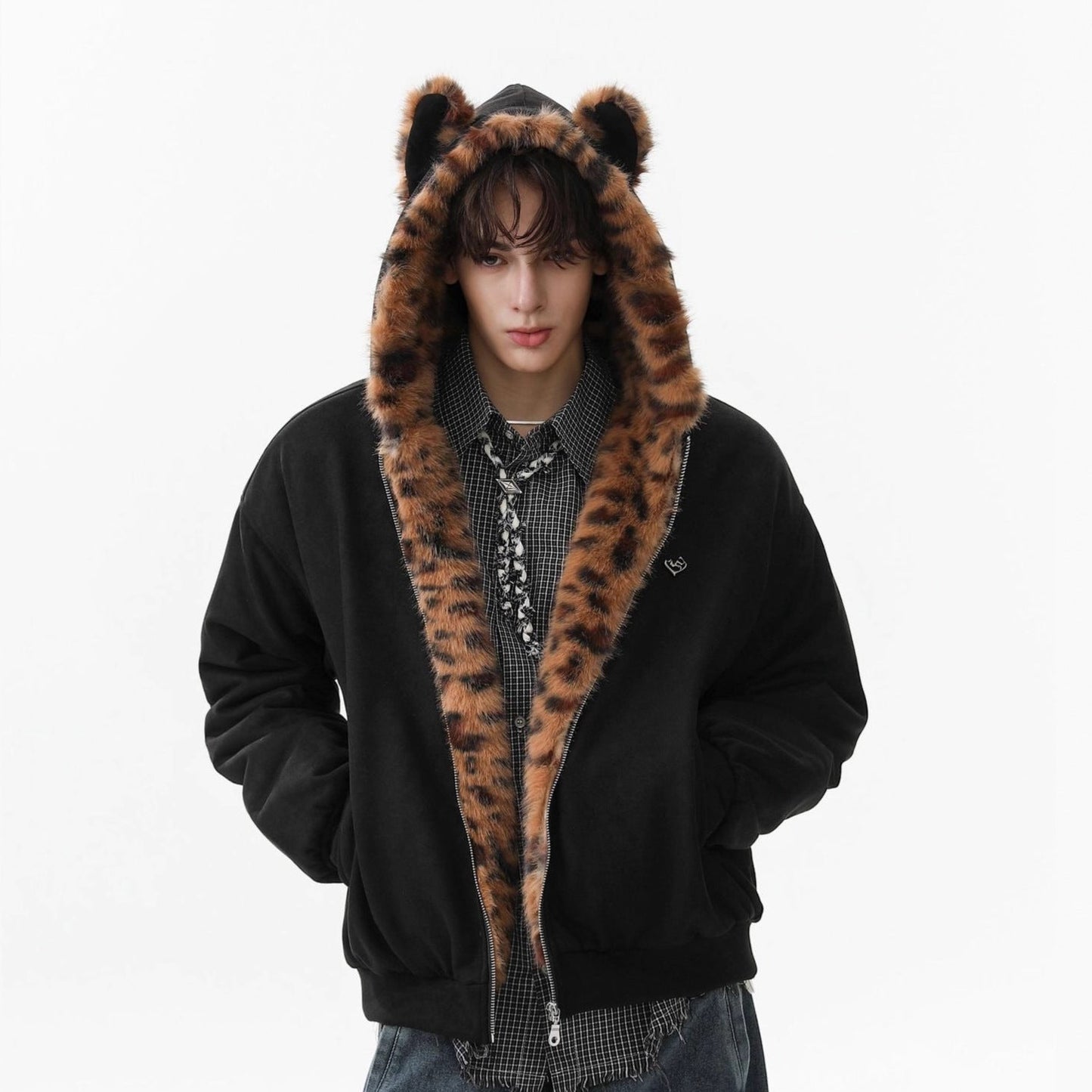Leopard Fake Fur Hooded Zipper Jacket WN21867