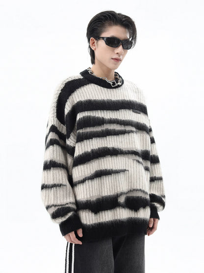 Stripe Shaggy Oversize Knit Sweater WN10403