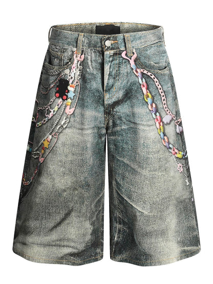 3D Print Washed Wide Leg Half Denim Jeans WN24431