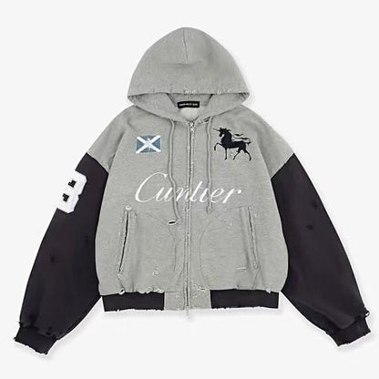 Letter Print Embroidery Color Block Zipper Hoodie WN24091