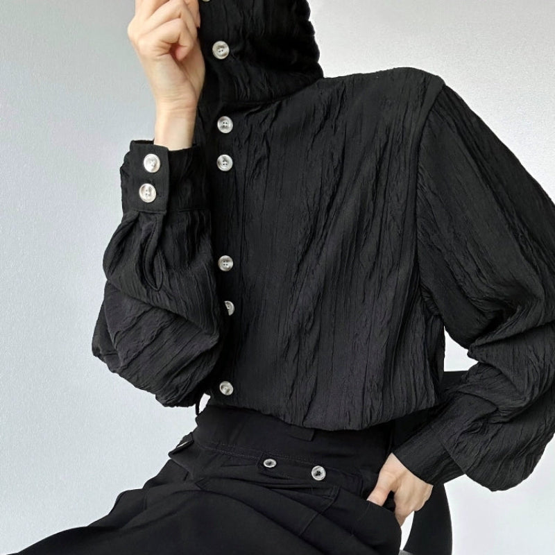 Wave Design Stand Neck Long Sleeve Shirt WN19642