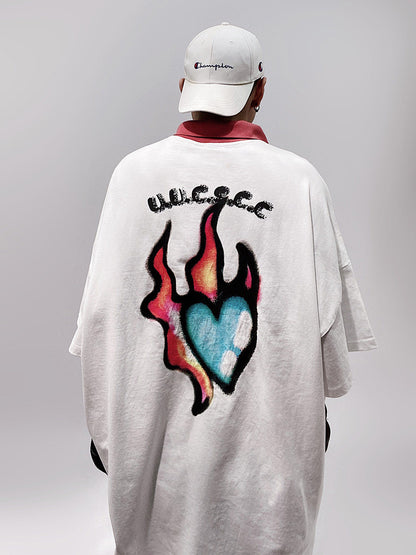 Flame Heart Print Oversize Short Sleeve T-Shirt WN24002