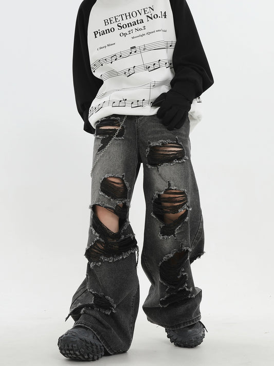 Washed Damage Raw Hem Design Wide Leg Denim Jeans WN18132