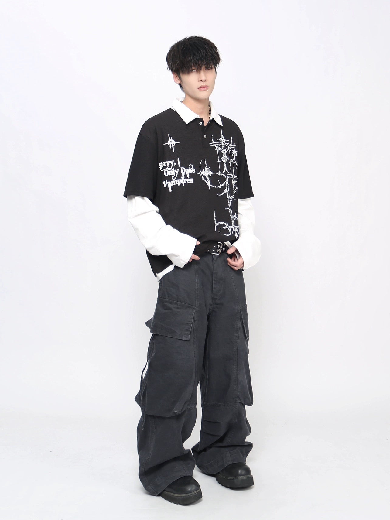 Thorn Gothic Print Fake Layered Waffle Long Sleeve T-Shirt WN21020