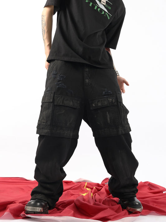 Multi-Pocket Mud-Dyed Damage Adjustable Cargo Pants WN17231