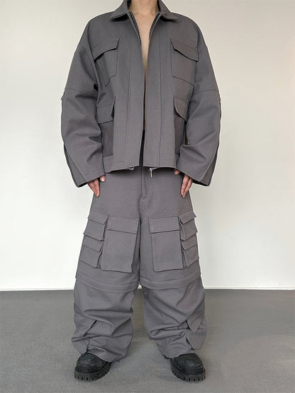 Heavyweight Canvas Oversize Jacket & Detachable Wide-Leg Cargo Pants Setup WN15149
