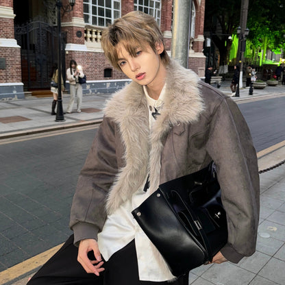 Suede Fake Fur Collar Thick Puffer Jacket WN20727