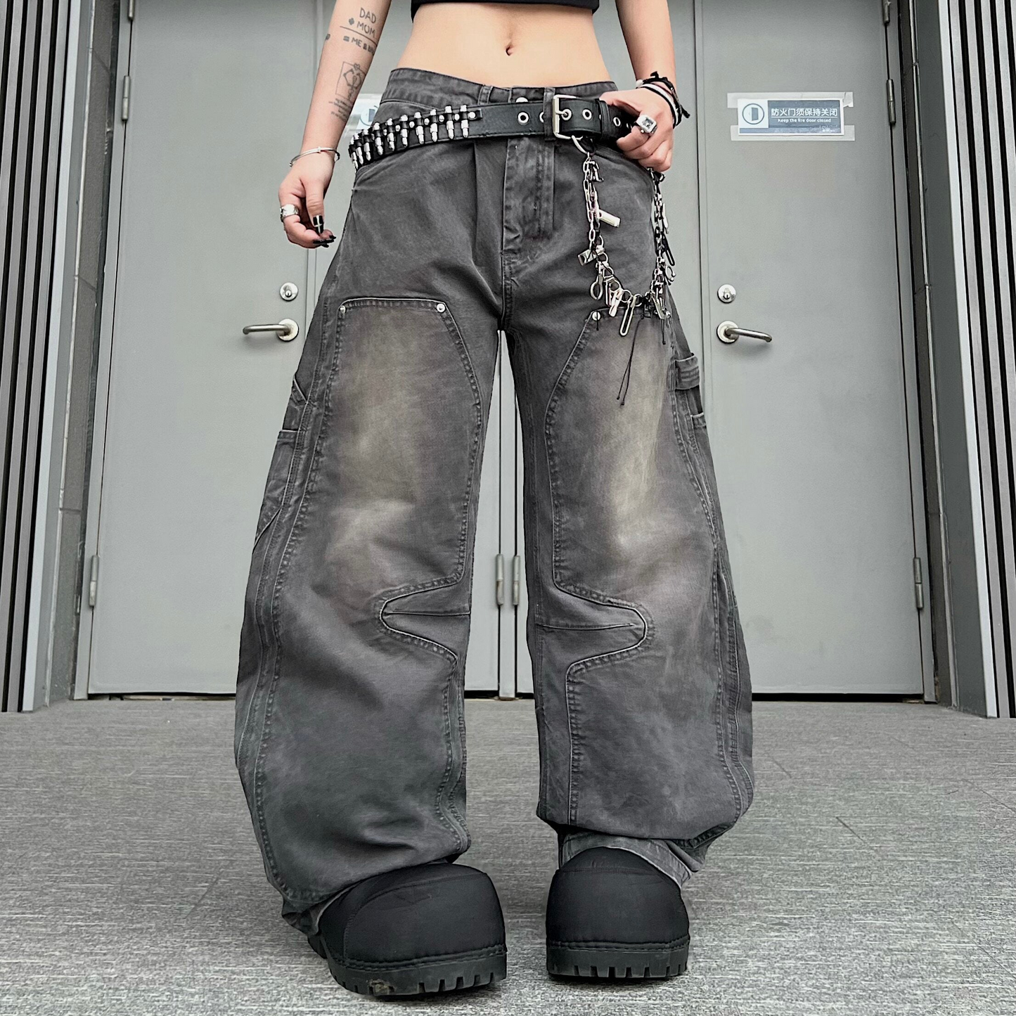Deconstructed Patchwork Wash Curved Wide Leg Denim Jeans WN24230