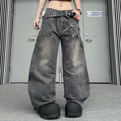 Deconstructed Patchwork Wash Curved Wide Leg Denim Jeans WN24230