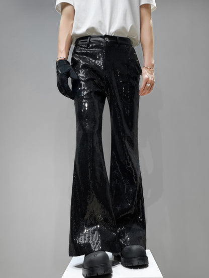 Sequin Patchwork PU Leather Wide Leg Pants WN23918