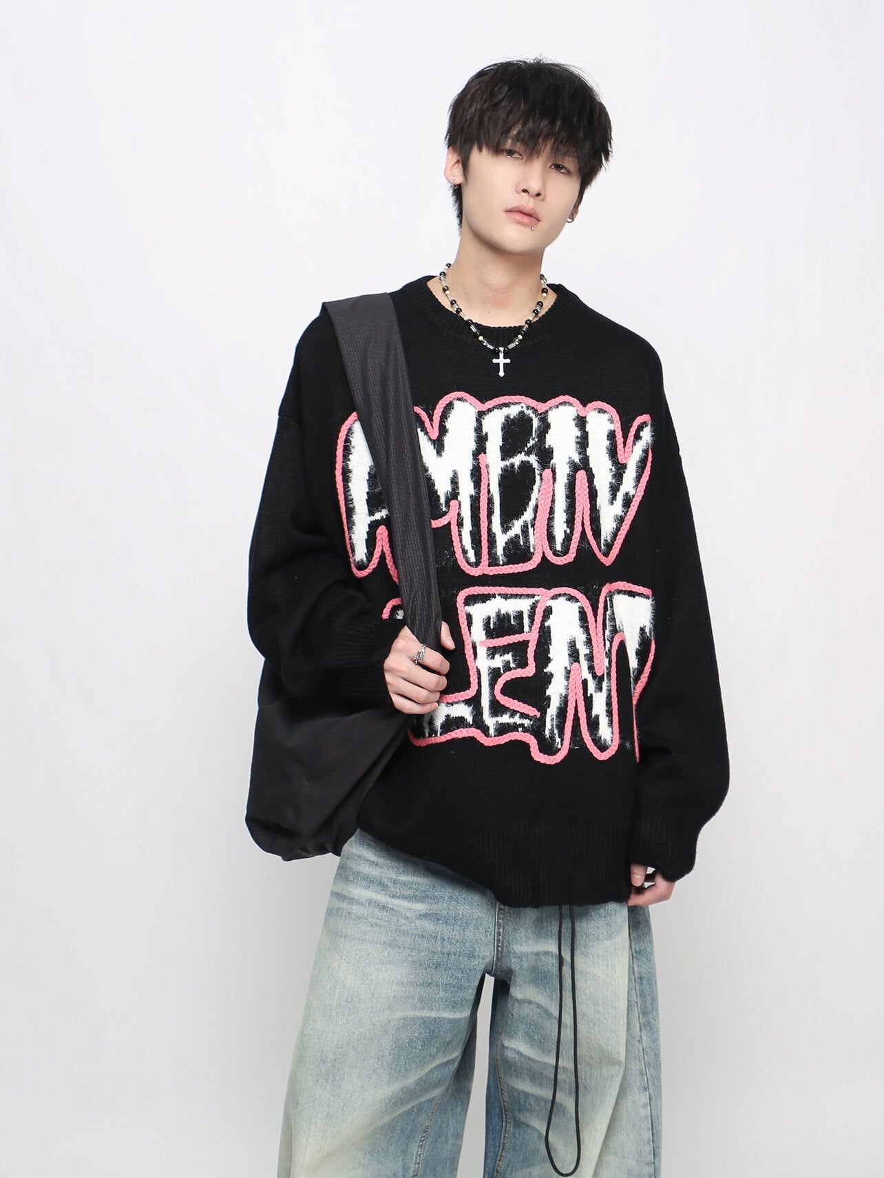 Oversize Damage Letter Graphic Print Knit Sweater WN24446