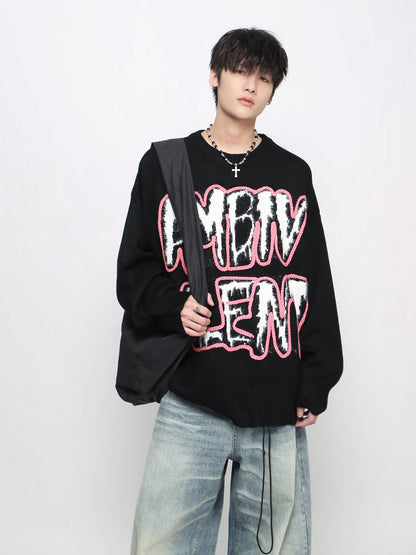 Oversize Damage Letter Graphic Print Knit Sweater WN24446