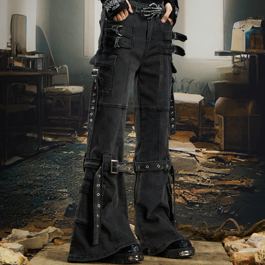 Deconstruction Ribbon Strap Flare Denim Jeans WN22760