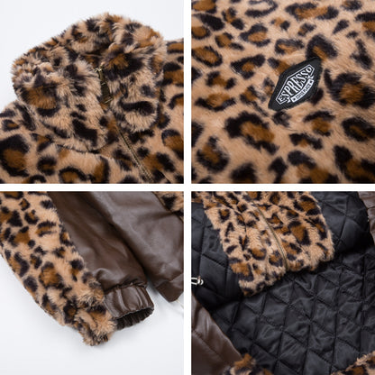 Leopardo estampado PU cuero chaqueta acolchada con cuello alto WN11554