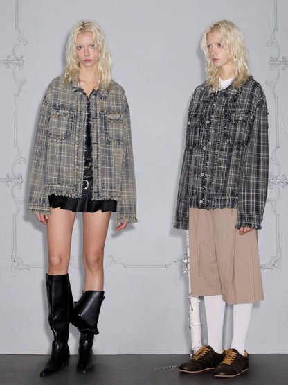Washed Tassel Raw Edge Plaid Denim Jacket WN17851