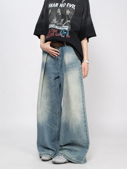 Washed Pleats Damage Wide Leg Denim Jeans WN24468
