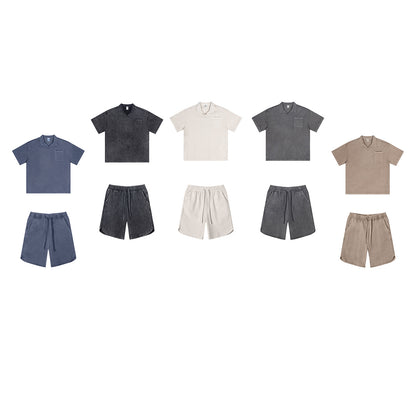 Washed Oversize Short-sleeve Polo Shirt & Washed Short Pants Setup WN6452