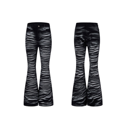 Wave Texture Pleats Foil Flare Denim Jeans WN23267
