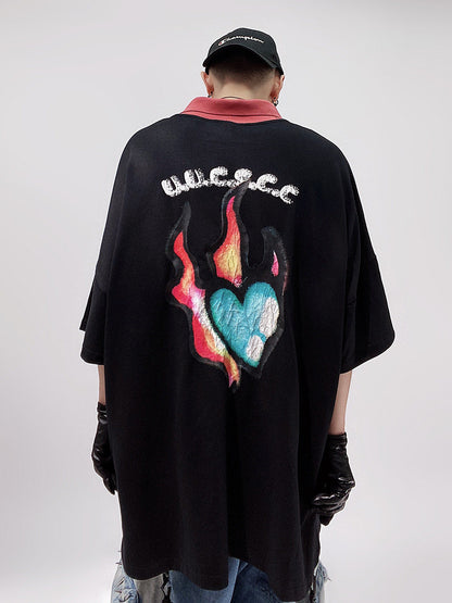 Flame Heart Print Oversize Short Sleeve T-Shirt WN24002