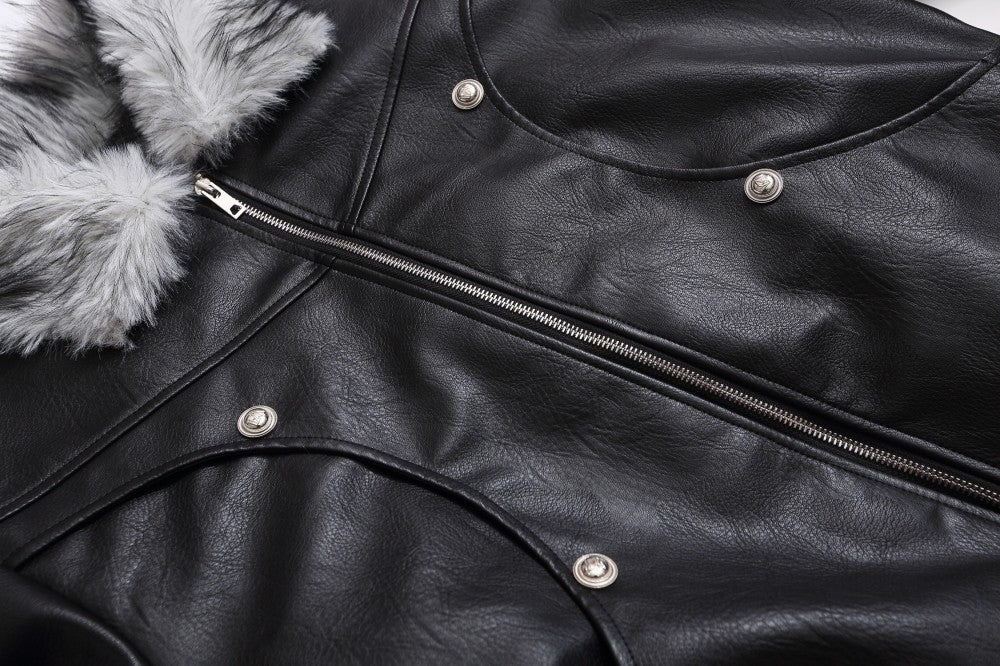 Fake Fur Collar Studs Detail PU Leather Jacket WN28095