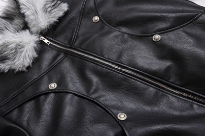 Fake Fur Collar Studs Detail PU Leather Jacket WN28095