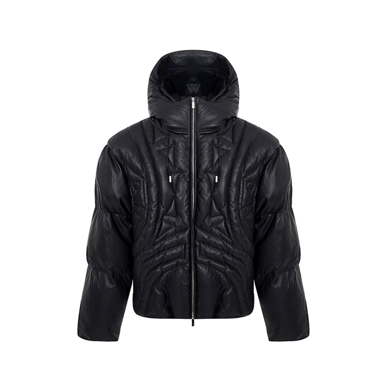 Matte Hooded PU Leather Puffer Jacket WN11699