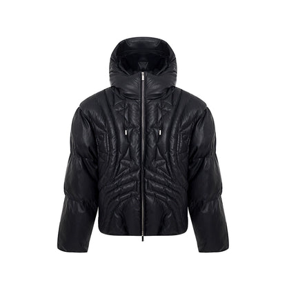 Matte Hooded PU Leather Puffer Jacket WN11699