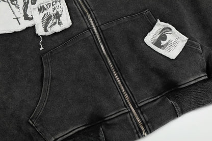 Washed Patch Logo Print Zipper Hoodie WN25763