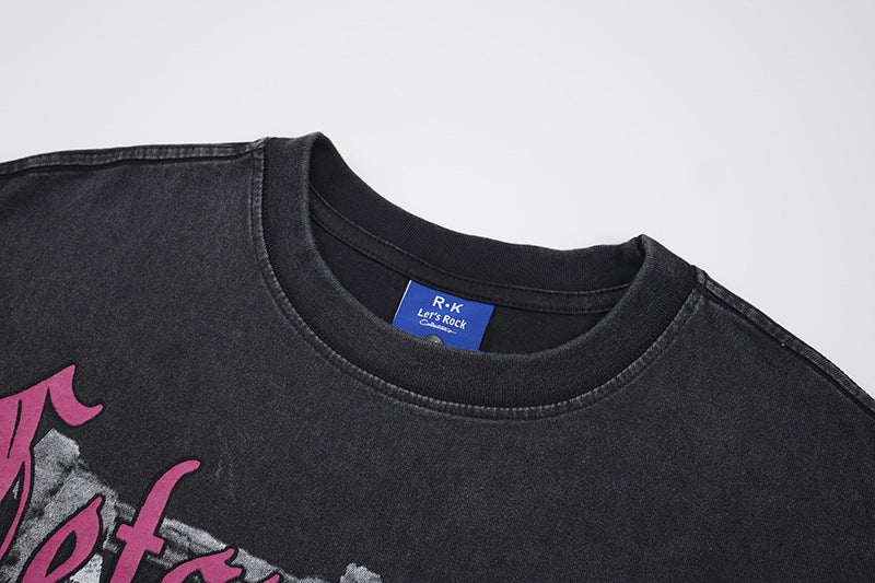 Washed Portrait Letter Print Short Sleeve T-Shirt WN25764
