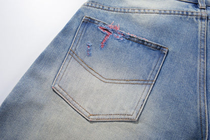 Washed Damage Graphic Denim Half Jeans WN28002