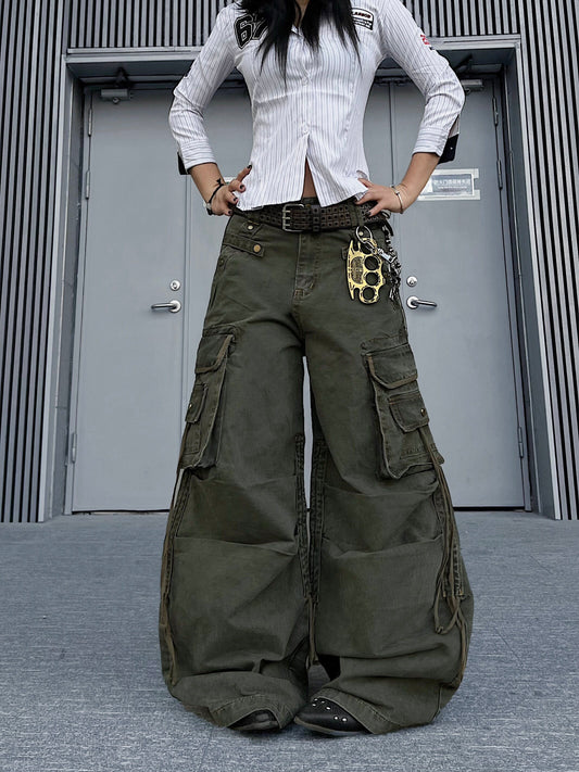 Washed Multi Pocket Pleats Deconstructed Cargo Pants WN24204