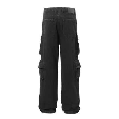 Washed Damage Multi-Pocket Straight Cargo Denim Jeans WN26078