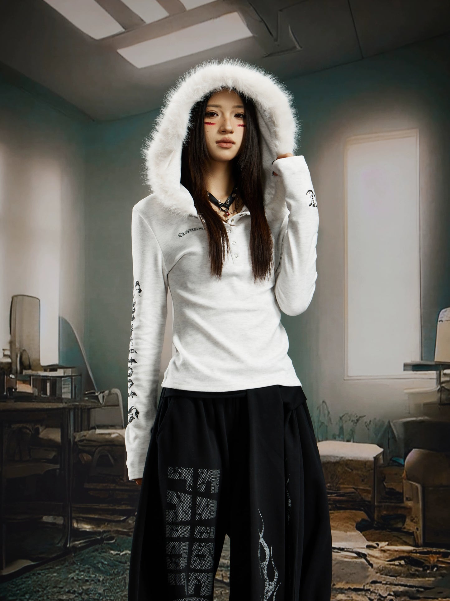 Letter Print Fake Fur Pullover Hoodie WN21375