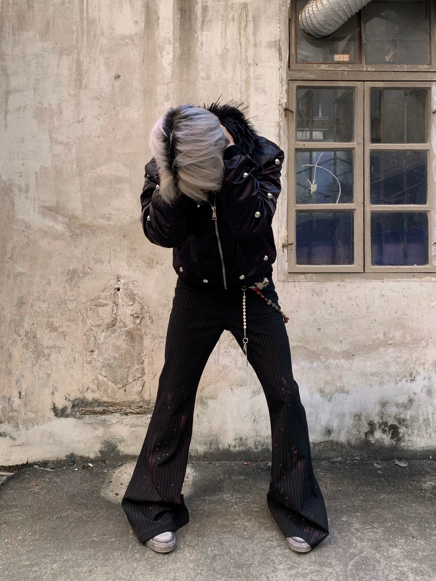 Fake Fur-Collar Rivet Zipper Bomber Jacket WN22206