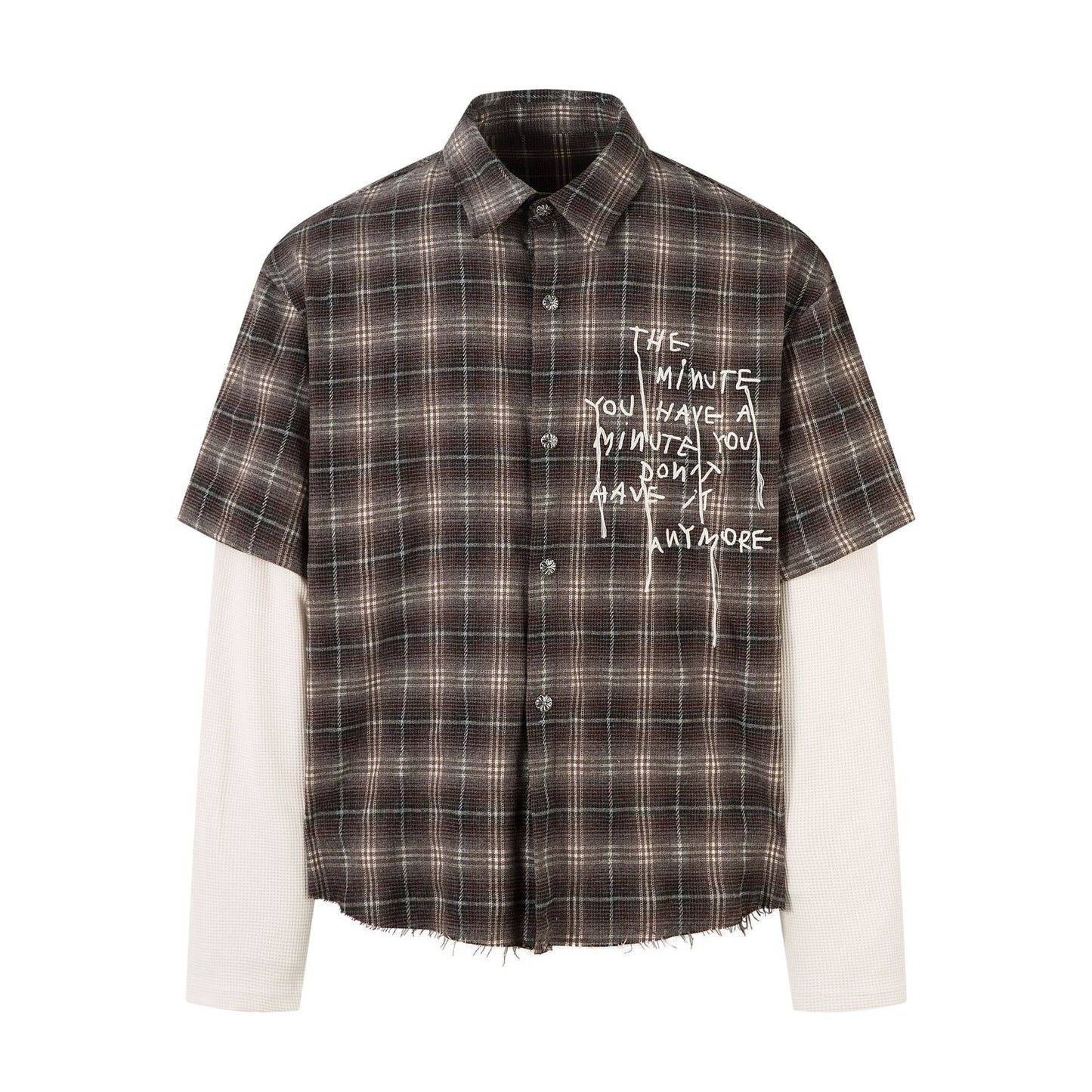 Plaid Letter Embroidery Fake Layered Long Sleeve Shirt WN25856