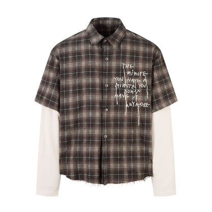Plaid Letter Embroidery Fake Layered Long Sleeve Shirt WN25856