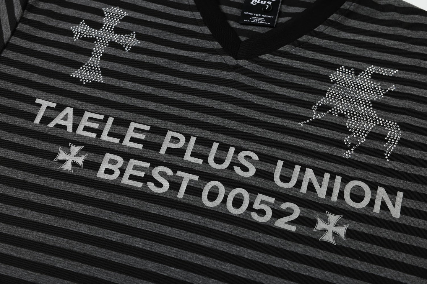 Stripe Cross Rhinestone Short Sleeve T-Shirt WN25781