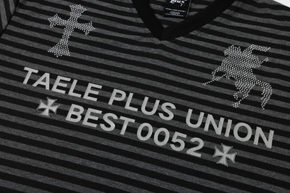 Stripe Cross Rhinestone Short Sleeve T-Shirt WN25781