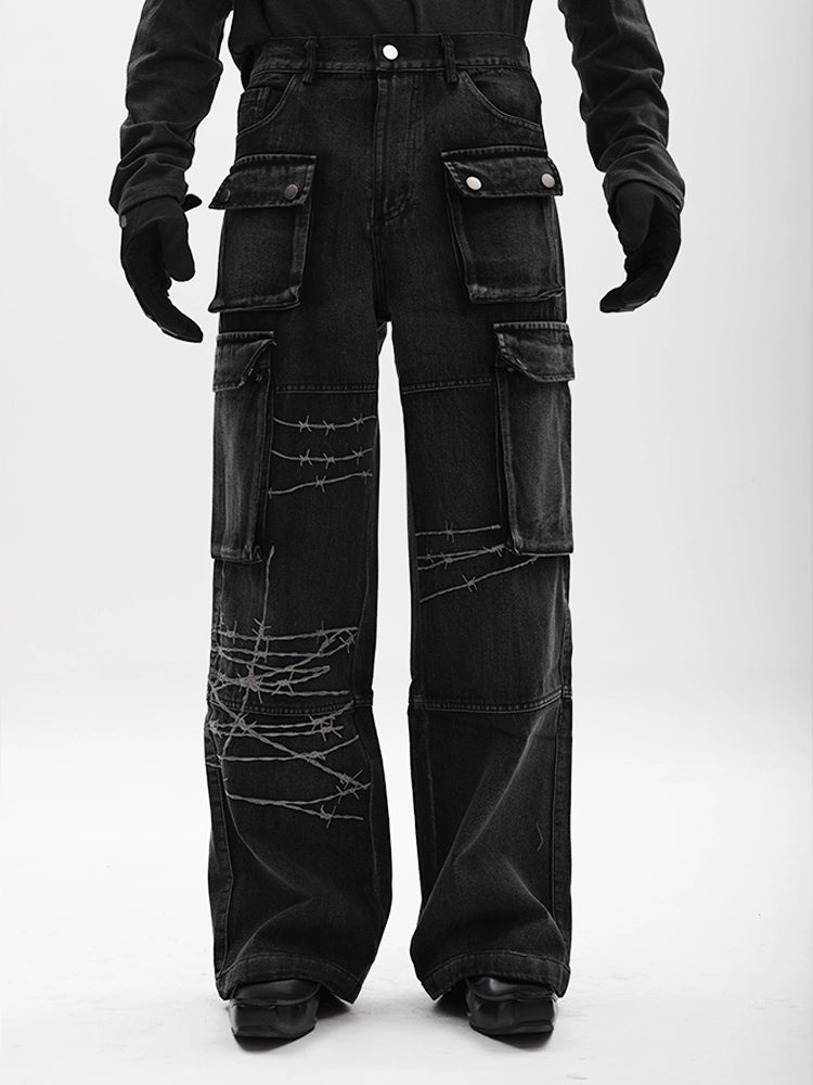 Multi-Pocket Embroidery Wide Leg Straight Cargo Denim Jeans WN18626