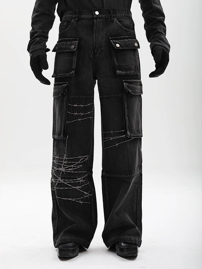 Multi-Pocket Embroidery Wide Leg Straight Cargo Denim Jeans WN18626