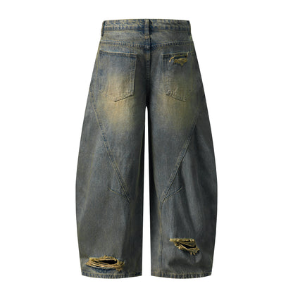 Washed Paint Splatter Ripped Curved Leg Denim Jeans WN26825