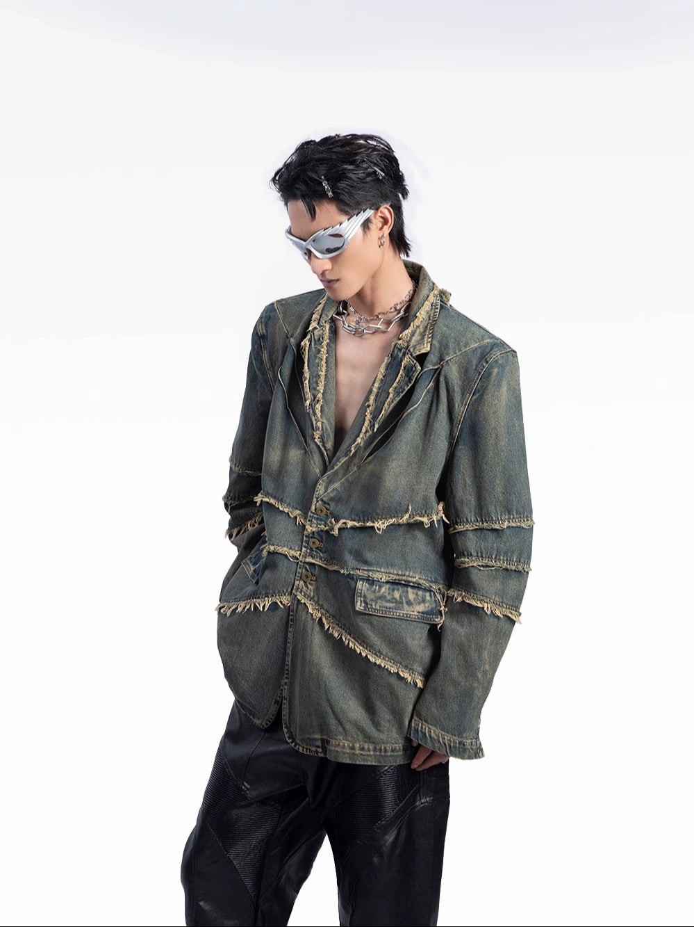 Raw Hem Shoulder-Pad Denim Tailored Jacket WN20626