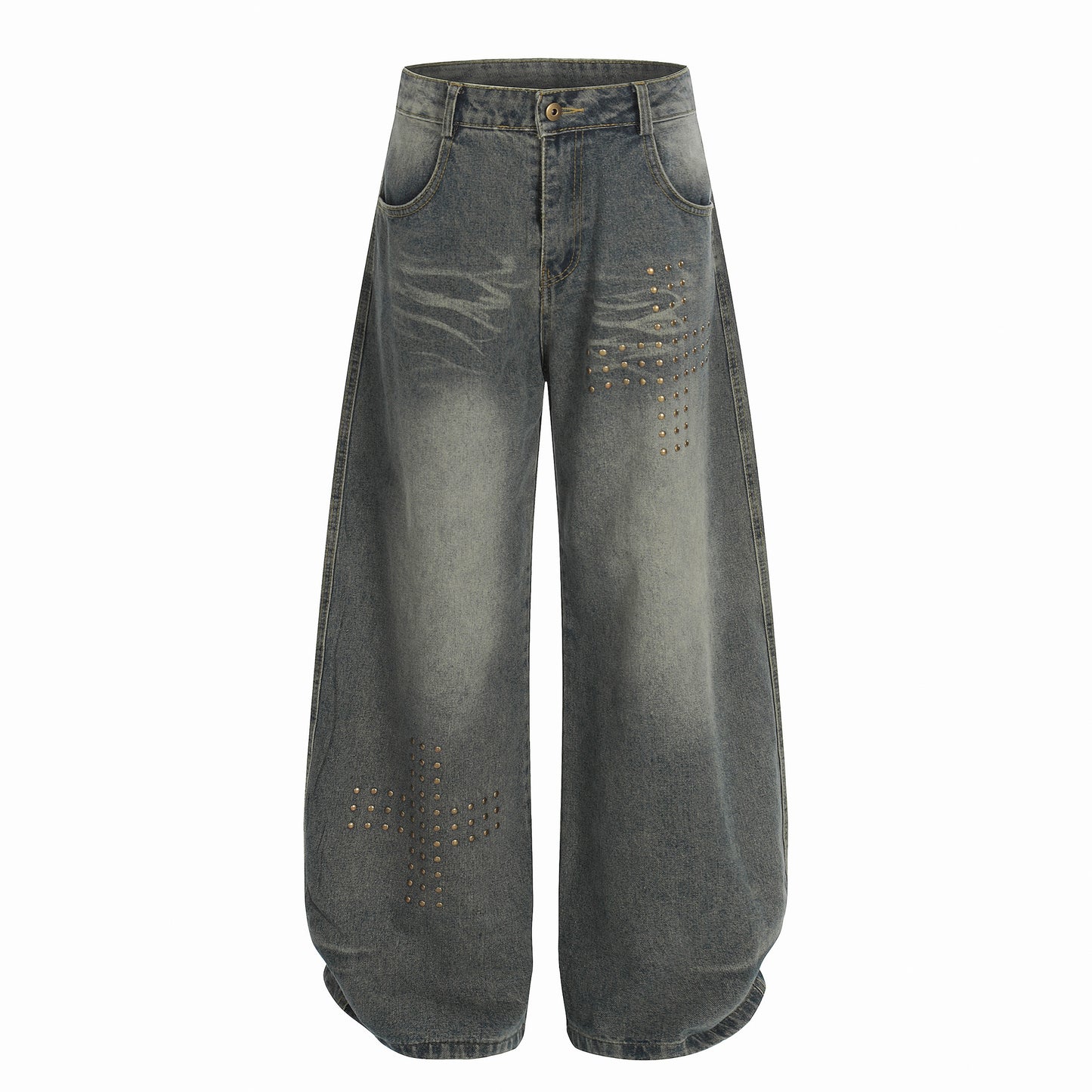 Washed Whisker Cross Studs Wide Leg Denim Jeans WN25798